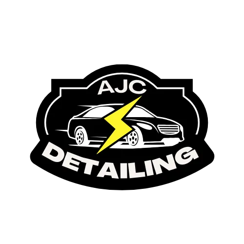 ajc detailing logo black and white with yellow lightening bolt through it.