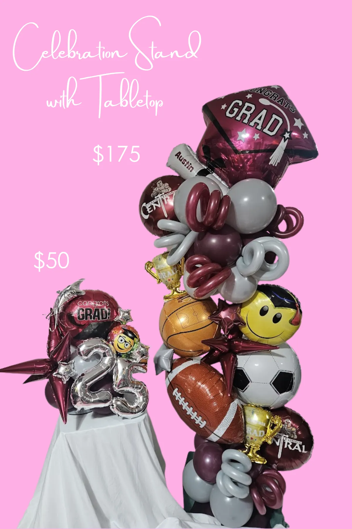 Celebration Stand and Tabletop Celebration Balloon Arrangement for Graduation