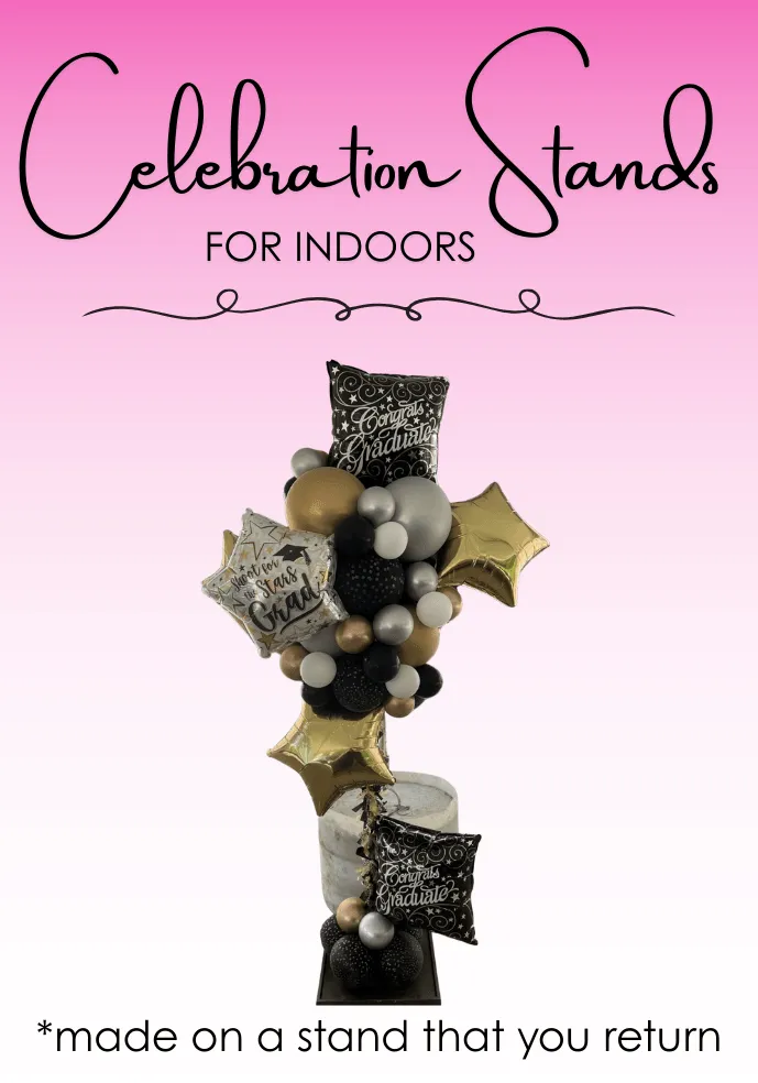 Graduation balloon stand in black and gold for indoor events