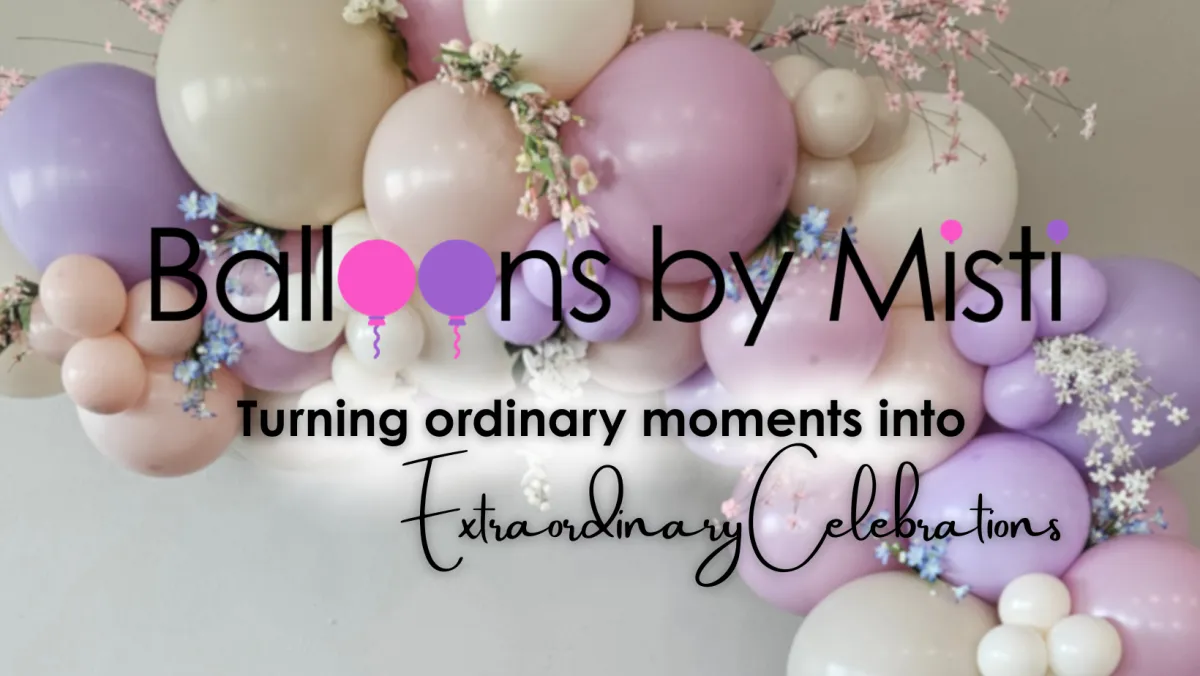 Pastel balloon garland with Balloons by Misti logo in Grand Forks ND