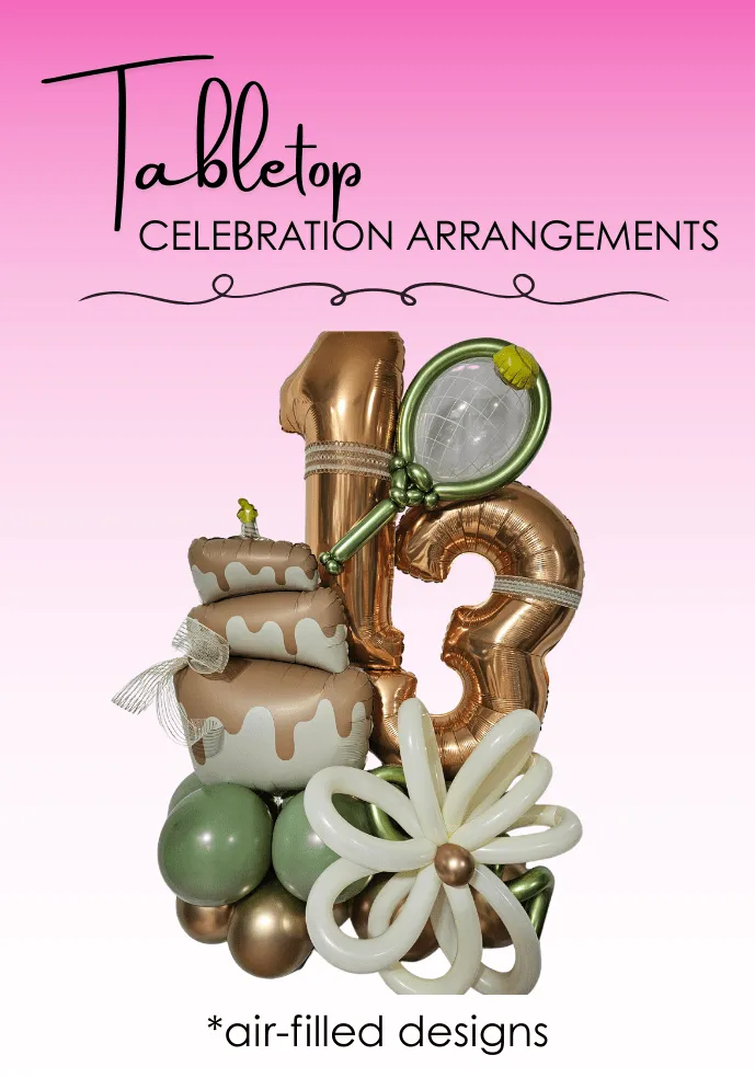 Tabletop balloon arrangement with number balloons