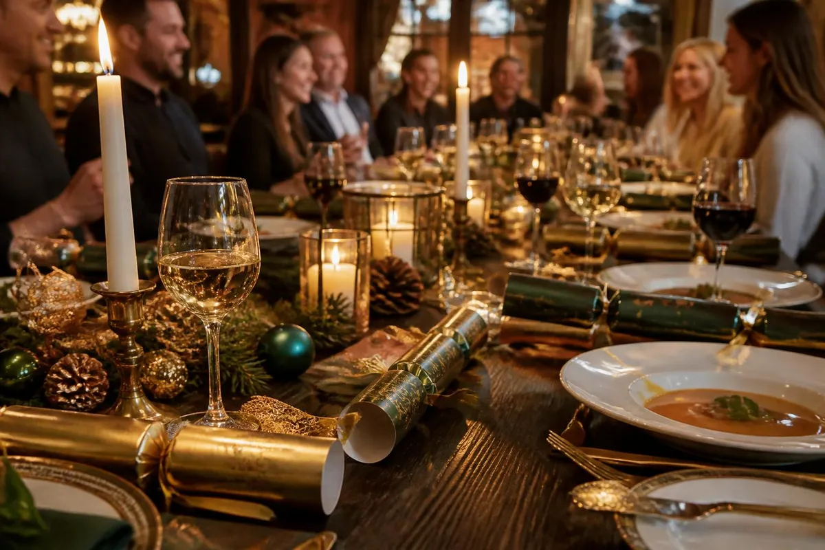 A long Christmas party table set with candles, crackers and glasses as guests chat