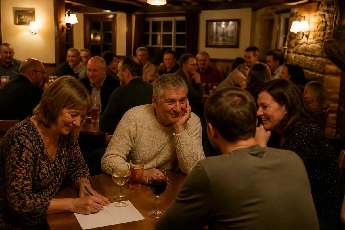 A group of locals laughing together at a community quiz night in a pub