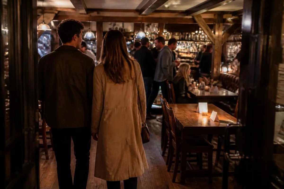 A couple walking into a busy, warmly lit pub