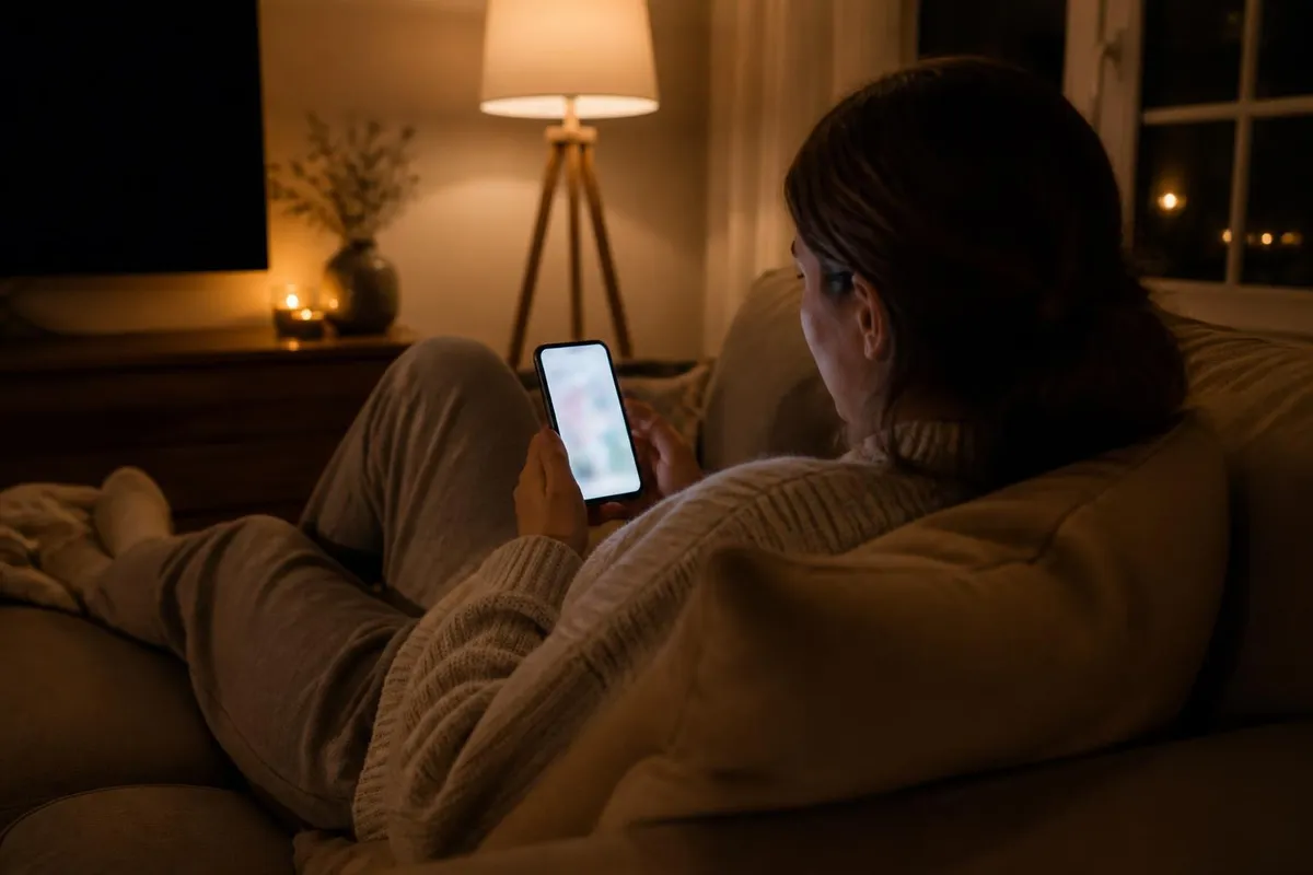 A person relaxing on a sofa in the evening, booking a table on their phone