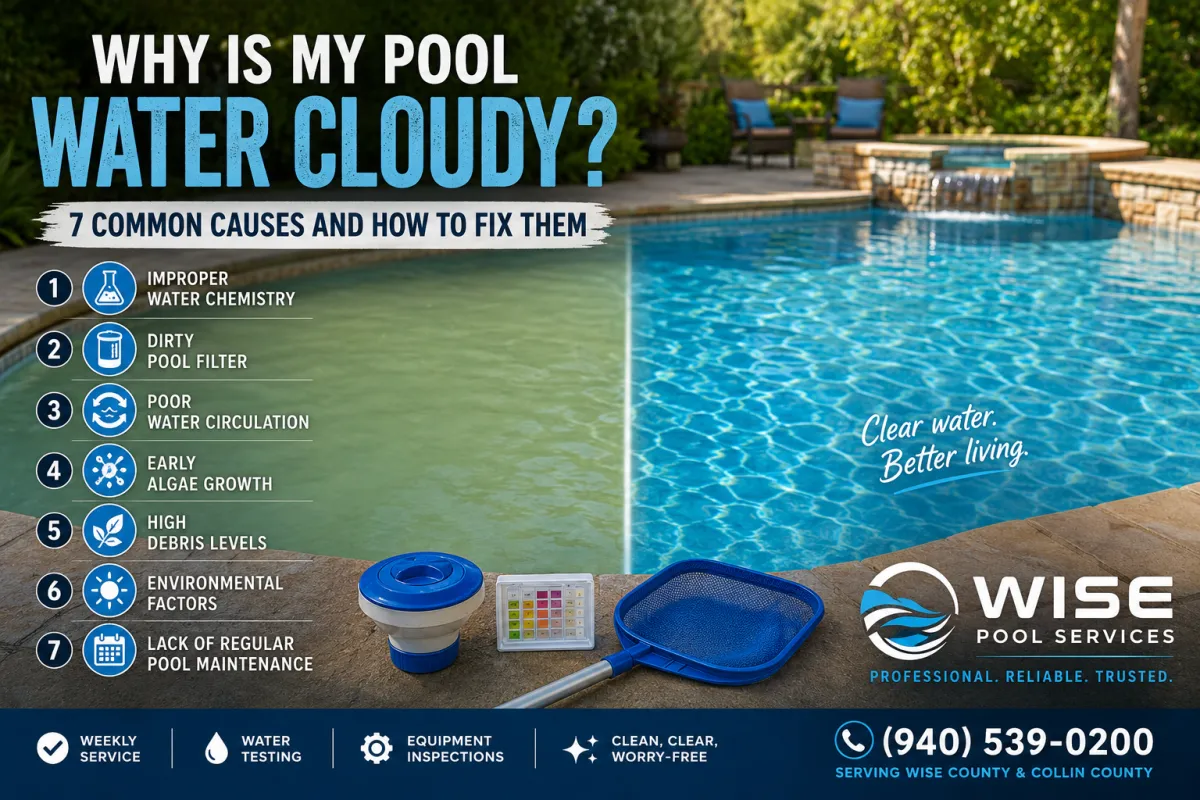 Cloudy pool water compared to clear pool water showing common causes of poor pool water clarity