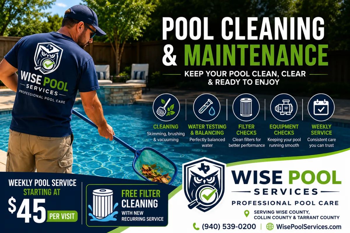 Wise Pool Services technician providing pool cleaning and maintenance in North Texas