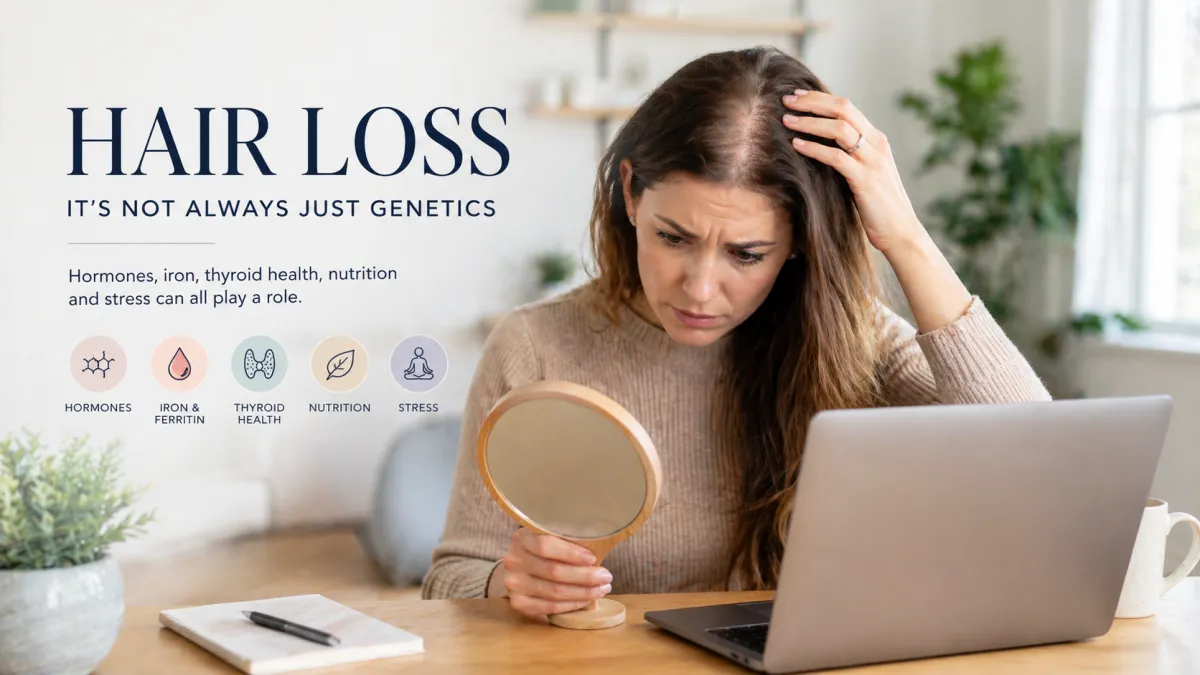 Woman experiencing hair thinning while working at home, representing stress, hormones, and internal health factors affecting hair loss