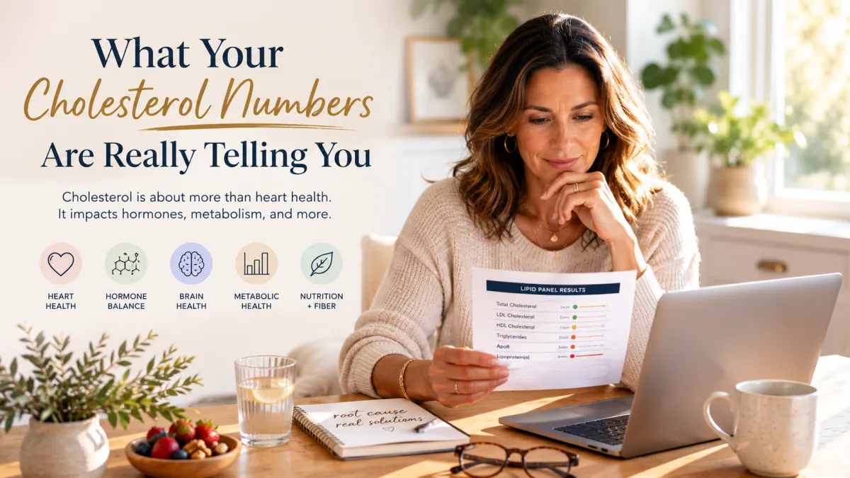 Woman reviewing cholesterol lab results at home, learning how cholesterol impacts hormones, heart health, and overall wellness.
