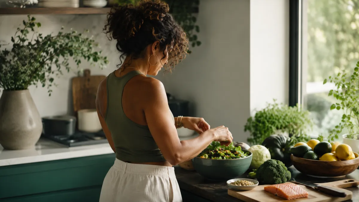 Woman preparing a nourishing meal in soft natural light, representing balanced eating and functional medicine metabolic health