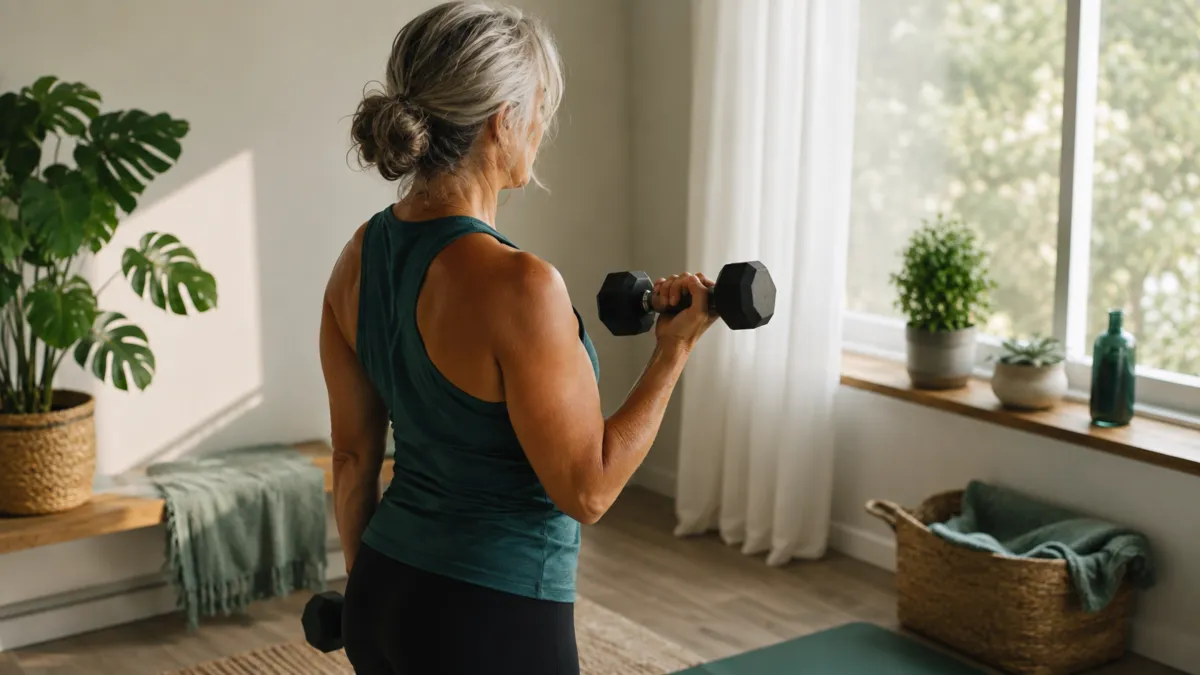 Woman doing a simple strength exercise in soft natural light, representing longevity and healthy aging through functional medicine