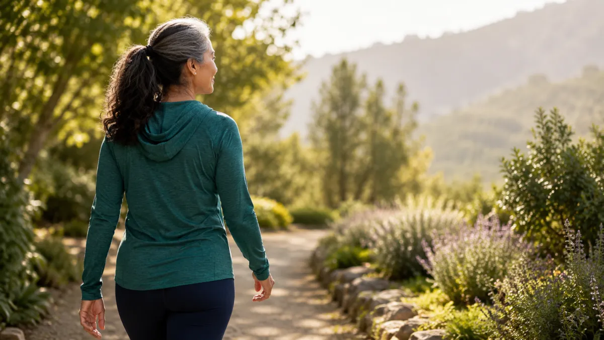 Woman walking outdoors in soft morning light, representing healthspan and vitality through functional medicine