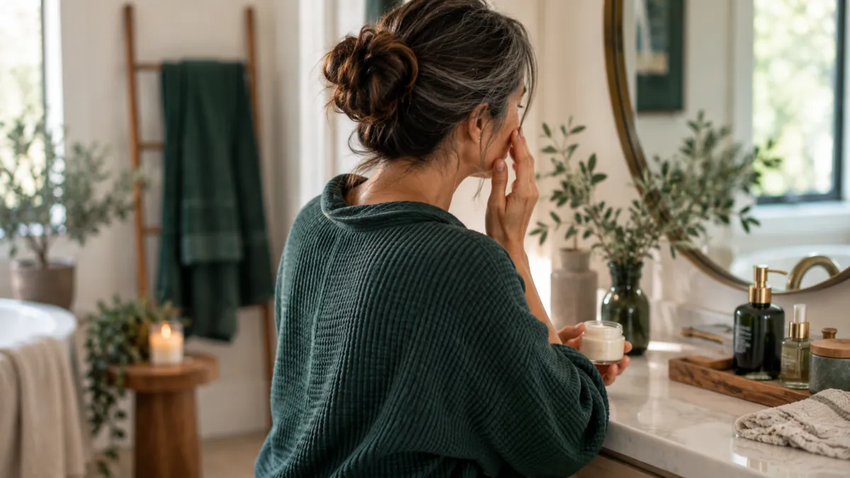 Woman in a calm self-care moment in soft natural light, representing perimenopause skin health and functional medicine support