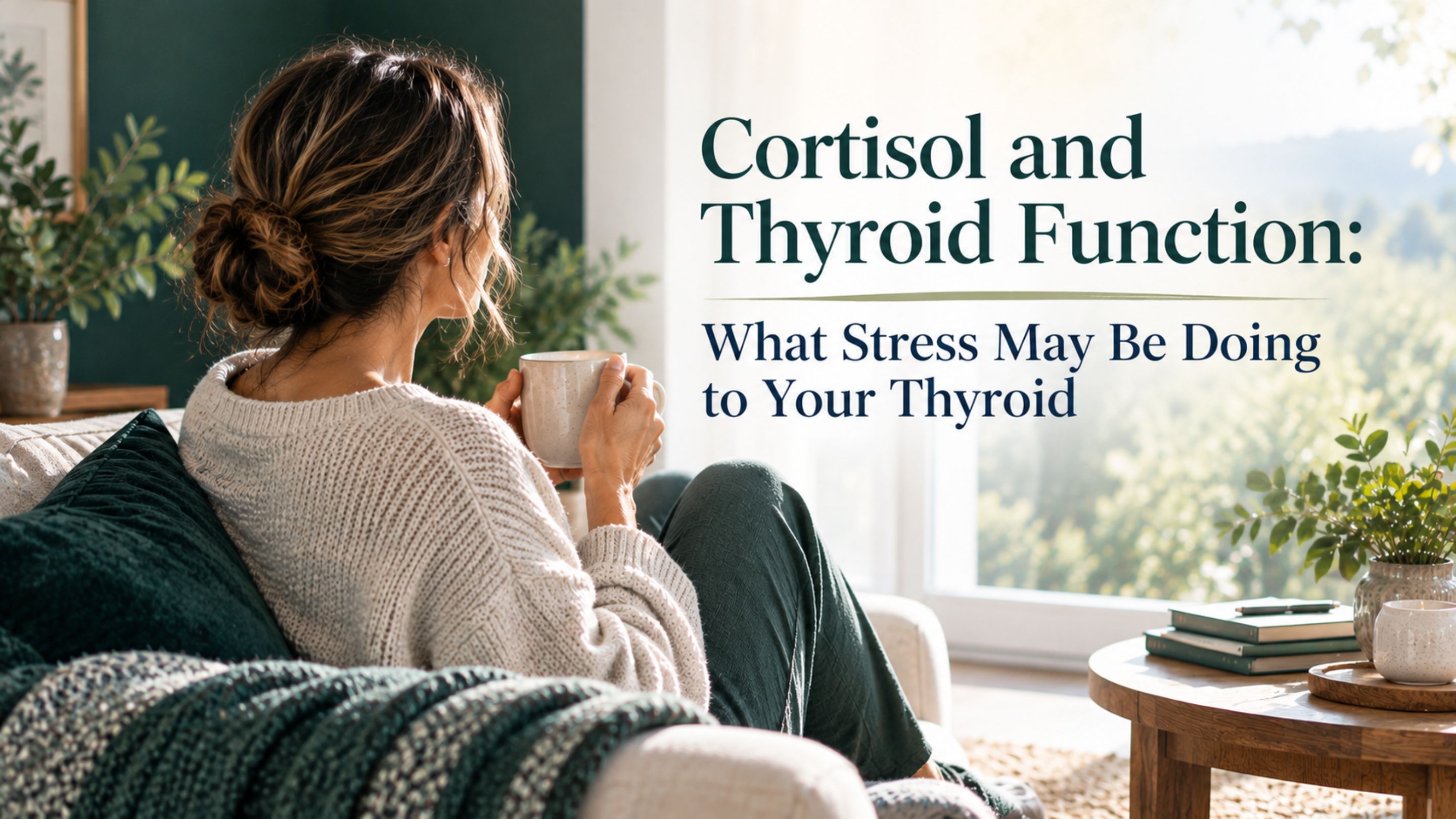 Woman resting quietly in soft natural light, representing stress recovery and thyroid health through functional medicine
