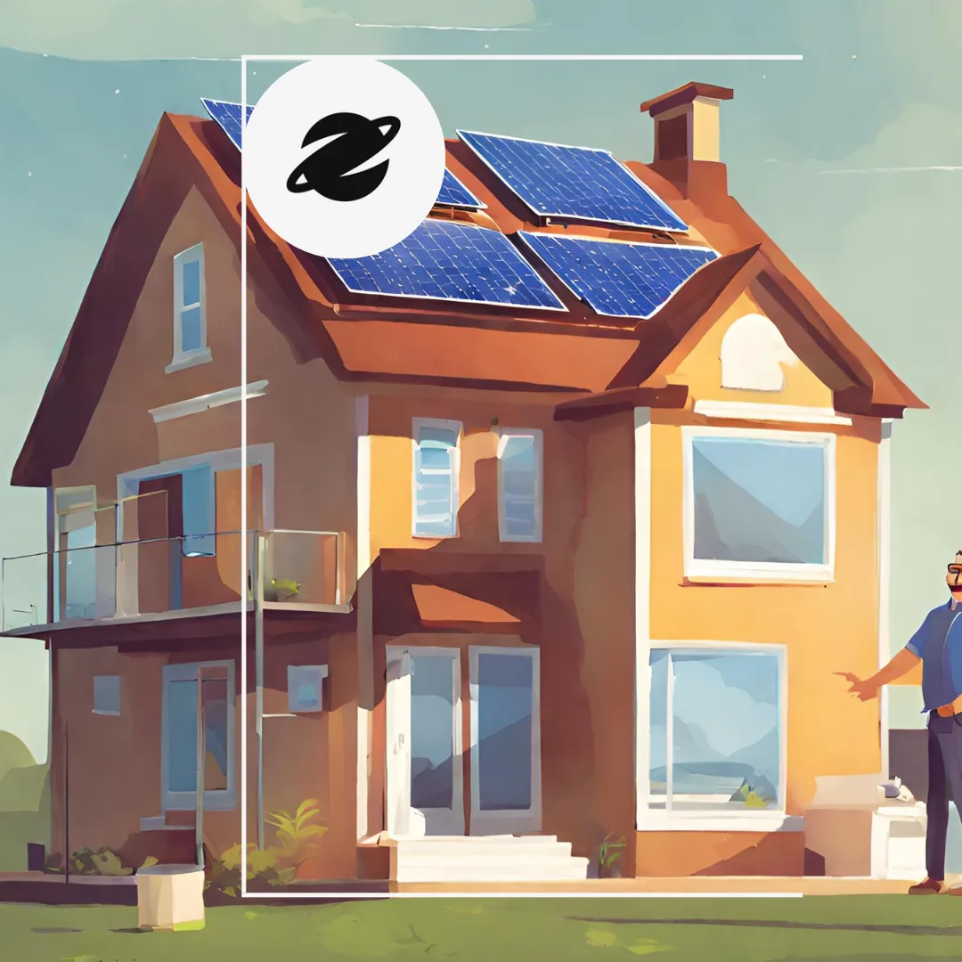 Illustration of a modern house equipped with solar panels on the roof, set against a backdrop of a clear sky with clouds. The house features large windows and a balcony, symbolizing eco-friendly living and renewable energy. The top left of the image includes a circular logo with a stylized planet and a white background.