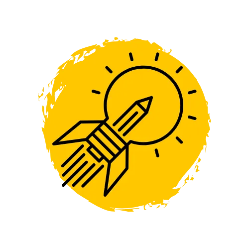 Icon of a rocket taking off, integrated with a light bulb to symbolize innovation and growth, set against a yellow circular background with a rough texture.