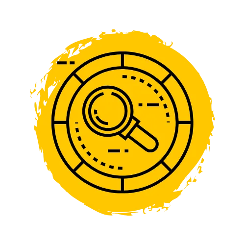 Icon of a magnifying glass over a circular target, symbolizing search and focus, set against a yellow circular background with a rough texture.