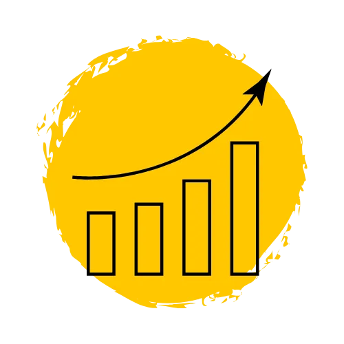 Icon of a bar chart with an upward trend arrow, representing growth and progress, set against a yellow circular background with a rough texture.