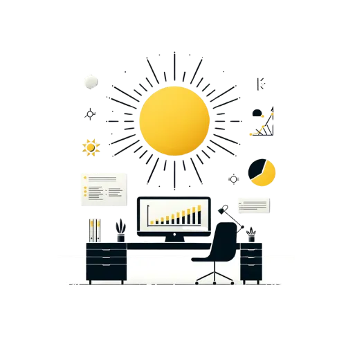 Minimalist, modern digital illustration of an office workspace designed for a marketing agency supporting solar businesses. The workspace includes a desk with a computer displaying a bar chart, a desk lamp, and drawers. The background features a large, stylized yellow sun surrounded by various graphical elements such as charts and data sheets, symbolizing productivity and renewable energy solutions.