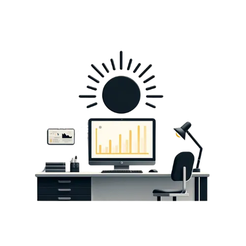 Modern office workspace with a desktop computer displaying a bar chart, a tablet showing a line graph, and a desk lamp. The background features a stylized sun icon, symbolizing productivity and data analysis in a bright, organized environment.