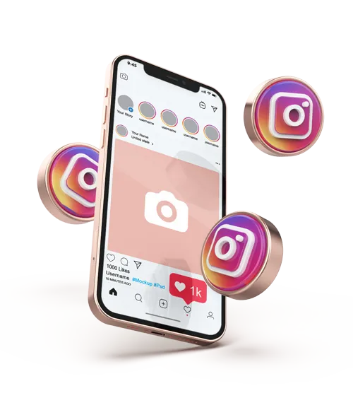 3D illustration of a smartphone displaying a Instergram interface, surrounded by floating purple Instagram logo icons. The phone screen shows a social media feed with a profile, posts, and comments, emphasizing social media interaction and connectivity.