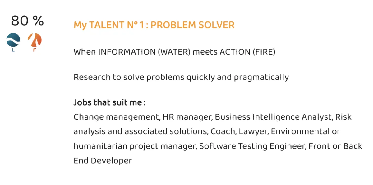 F.L.A.S.H.© talent profile highlighting career opportunities and job roles aligned with strengths