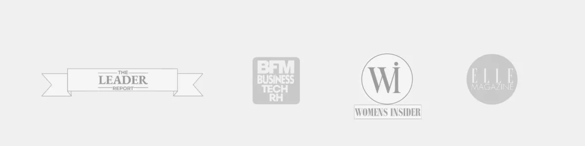 Press logos: The Leader Report, Women's Insider, ELLE Magazine, and BFM Business Tech RH featuring the F.L.A.S.H.© behavioral profiling method