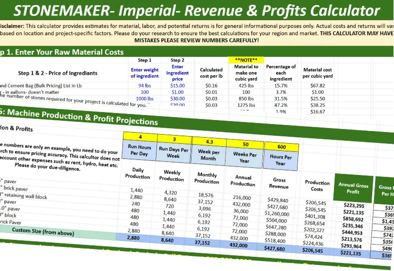 Stonemaker Revenue and Profit Calculator