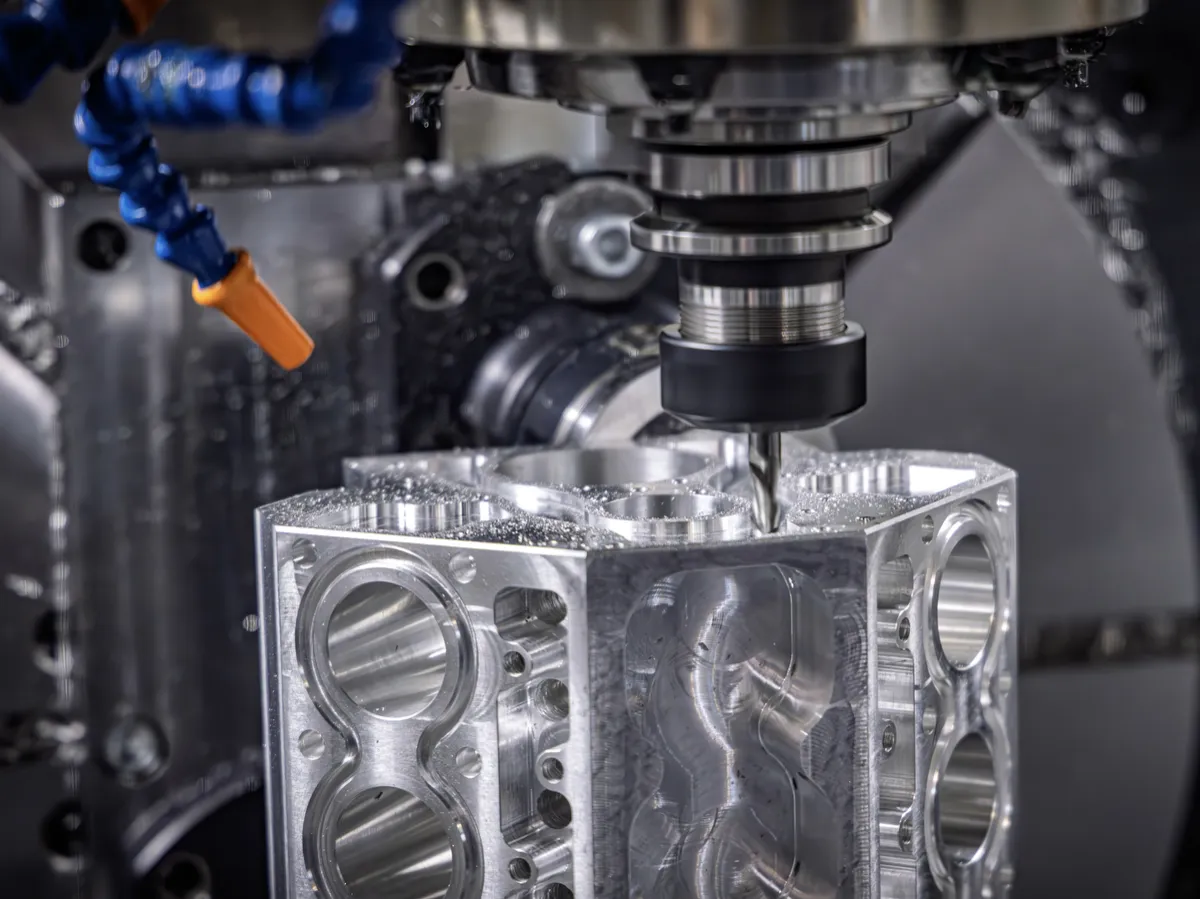 Precision milling machine shaping metal block