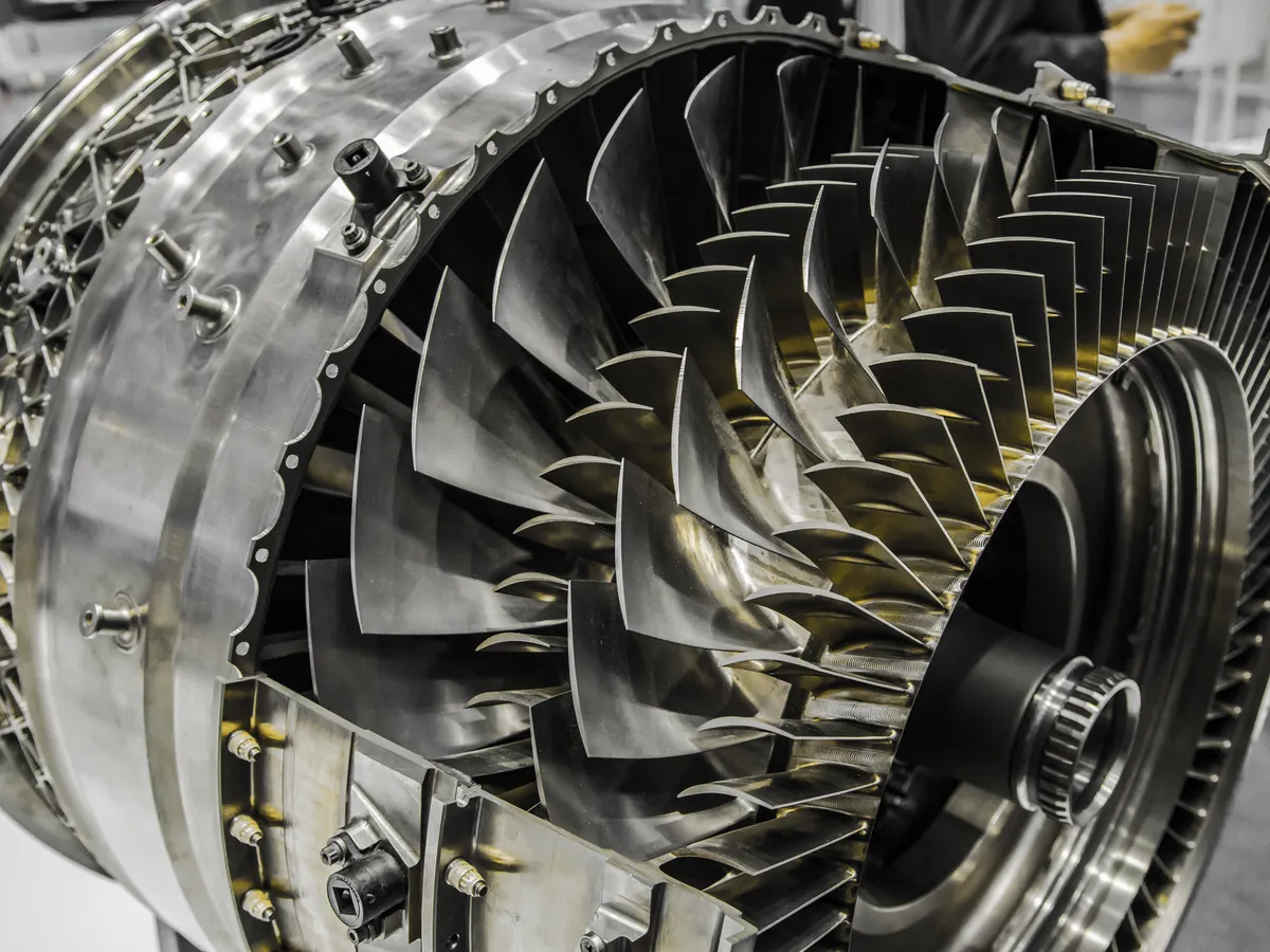 Close-up of turbine blades on a modern jet engine