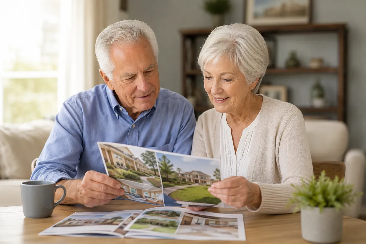 Elderly couple discussing senior living care options