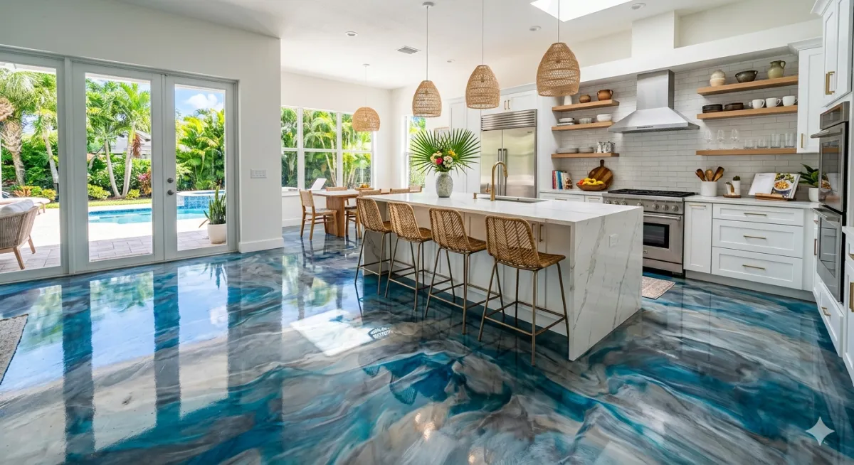 Modern kitchen with seamless glossy floor, ideal candidate for epoxy coating