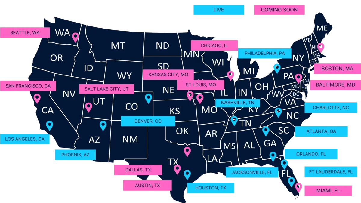 Map of Parkimo fleet parking depot locations across 12+ U.S. markets