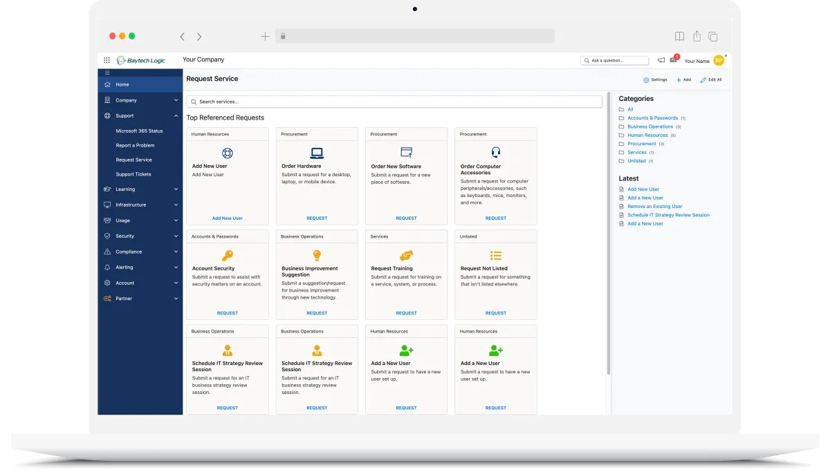 Baytech Logic support portal login screen on a laptop