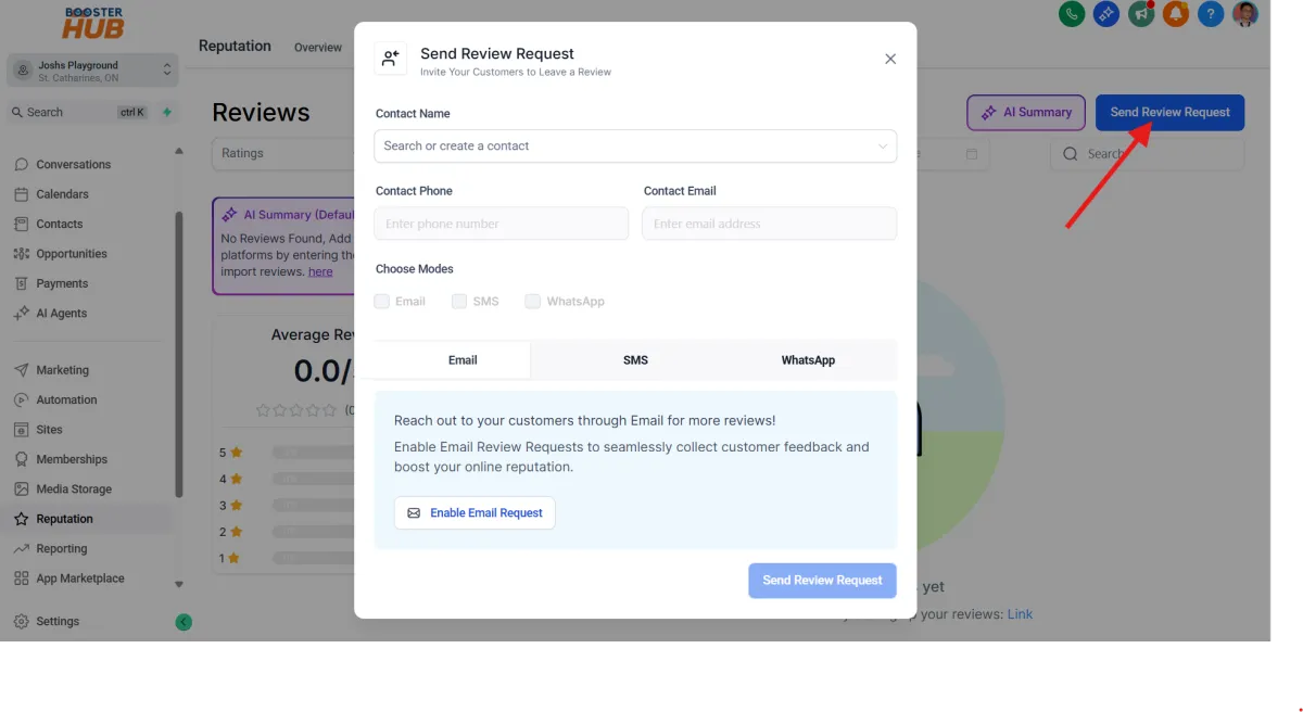 send review request CRM booster hub niagara