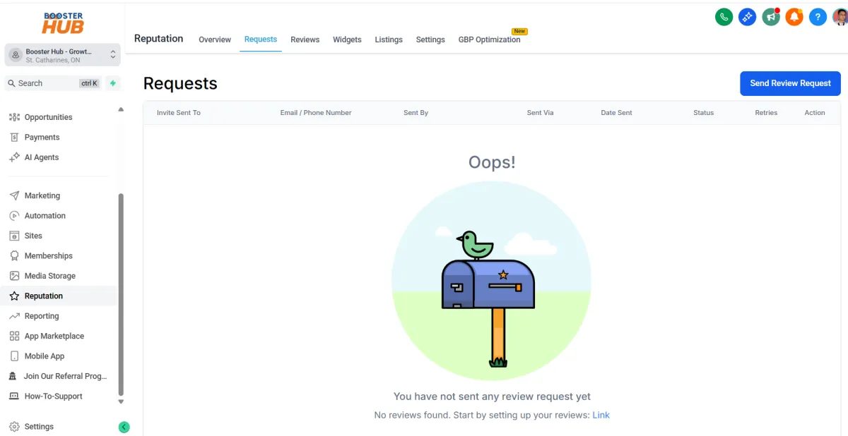 request status CRM booster hub niagara