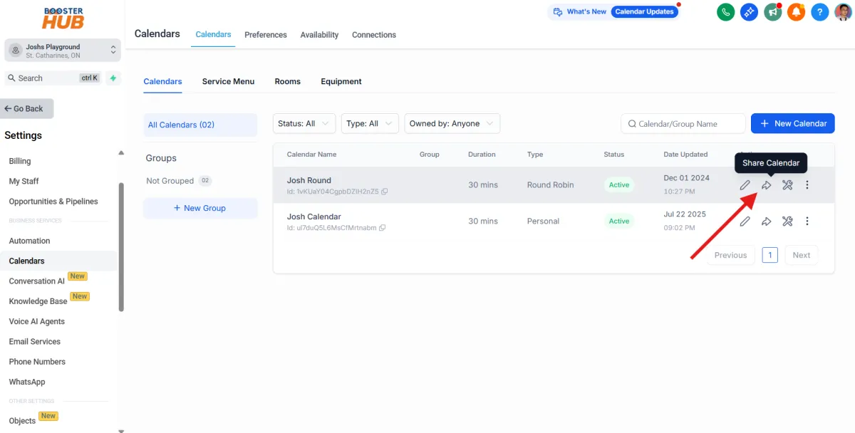 CRM calendar link boosterhub niagara