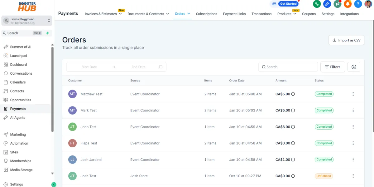 CRM orders boosterhub niagara