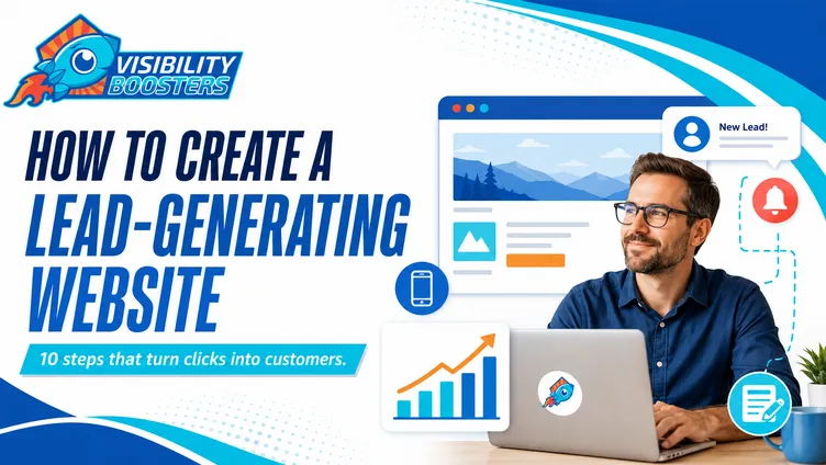 Business owner reviewing a lead-generating website with new-lead notifications and rising conversion analytics.