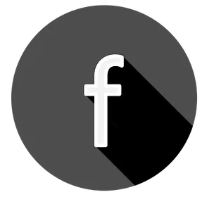 A simple black circle icon with a white "f" in lowercase, representing the Facebook logo with a shadow effect.