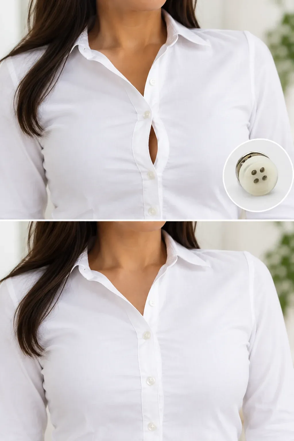 Woman closing a blouse gap with the CleveIt no-sew closure