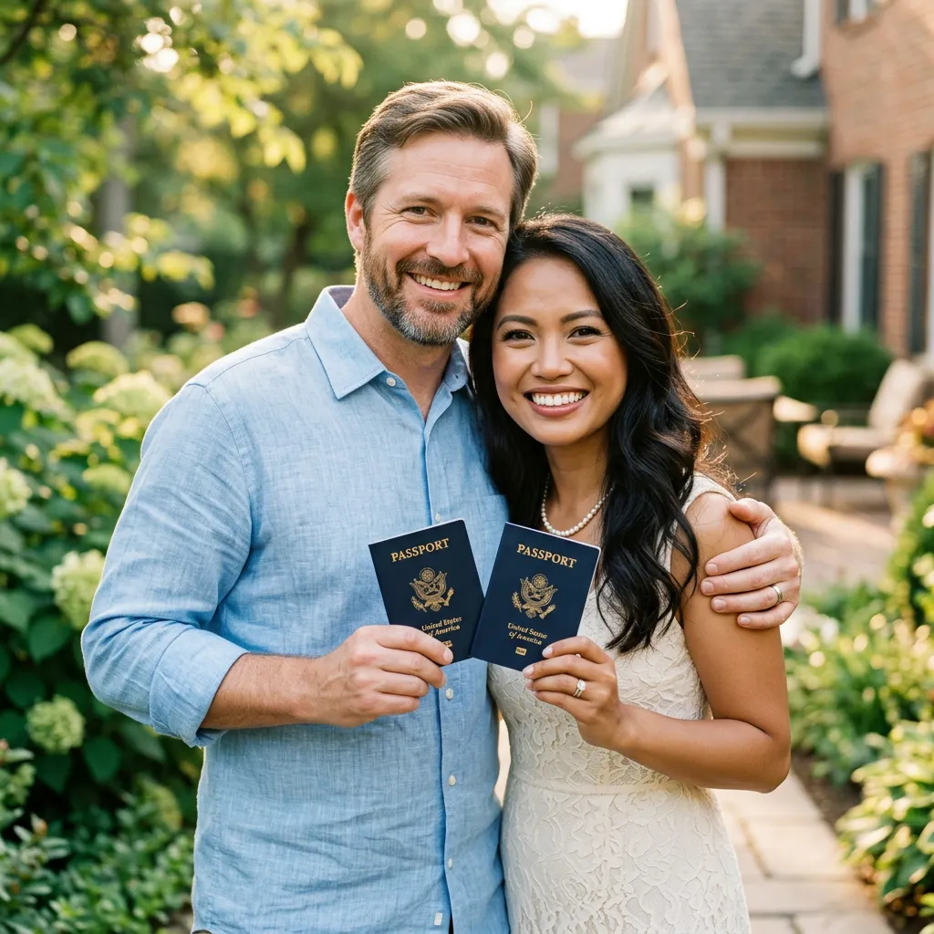 A woman confidently holding an American flag and passport, looking hopeful for her new journey.