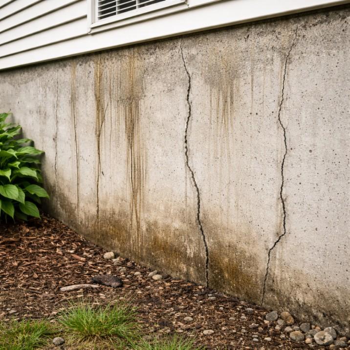 Cracked basement foundation wall inspected before repair