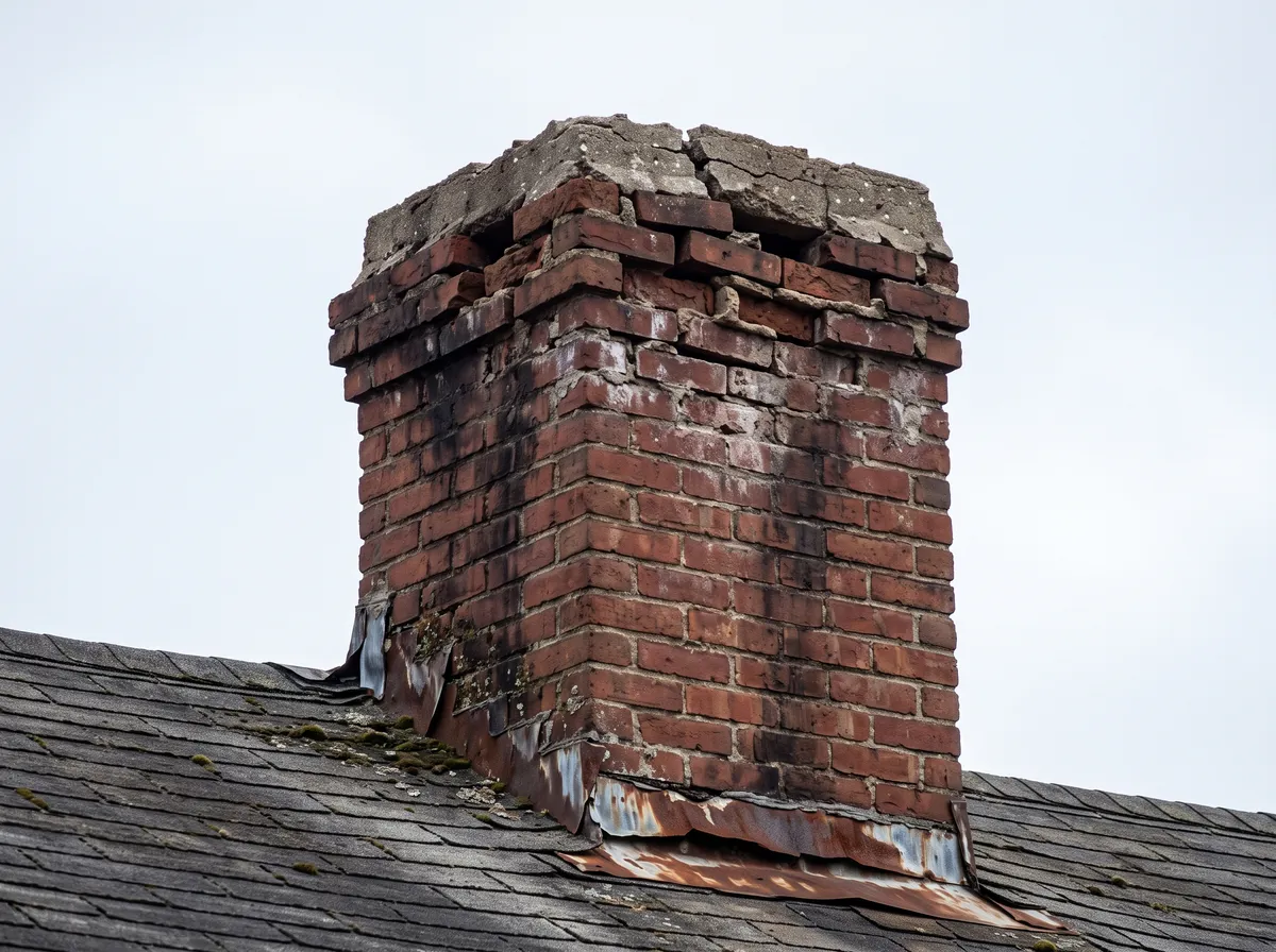 Brick chimney before repair with loose bricks, cracked crown and failing flashing