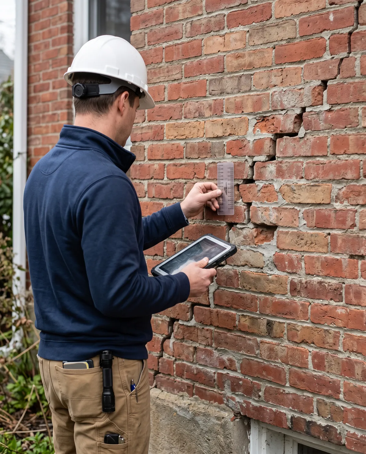 Masonry inspector checking an old brick wall during a repair estimate