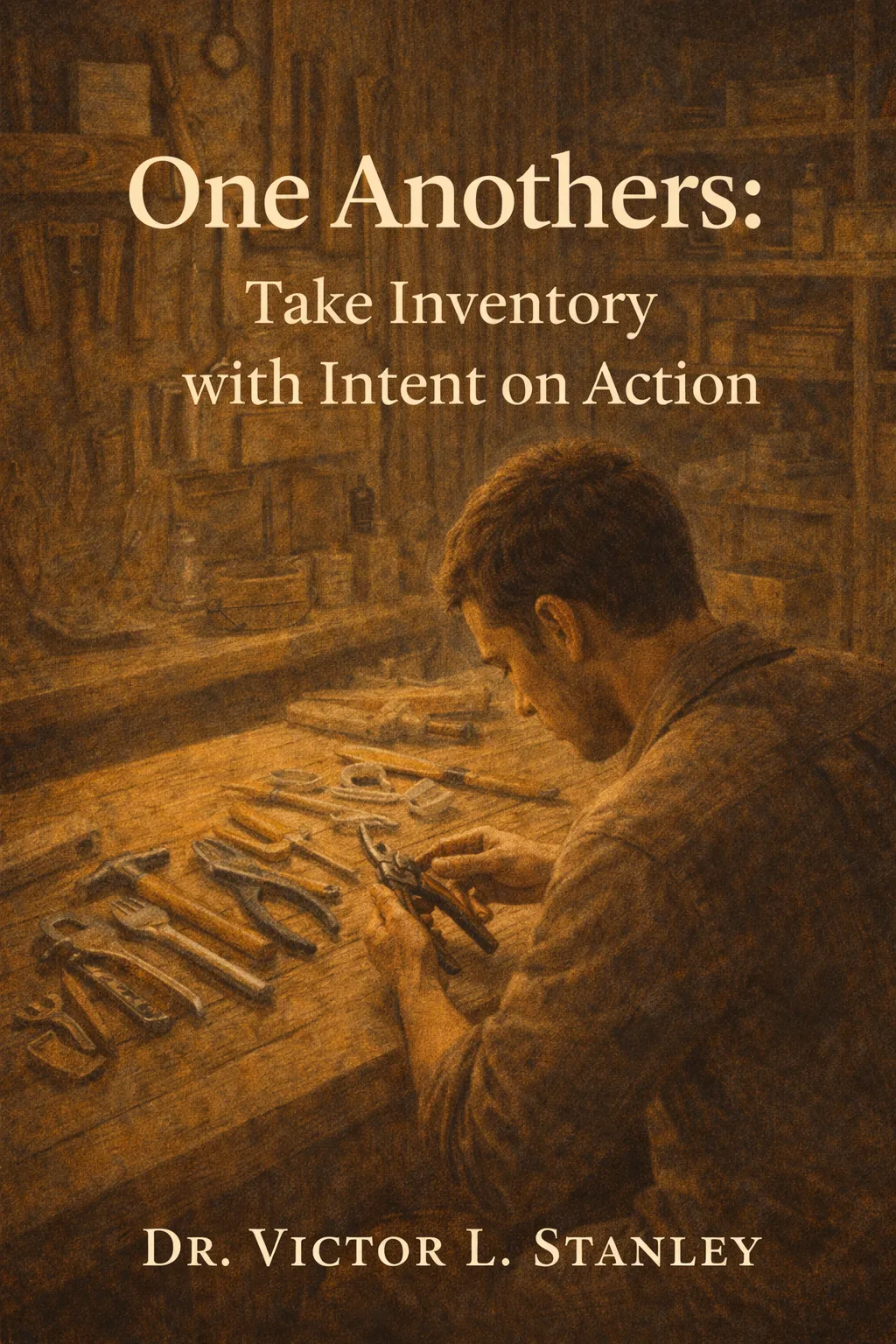 Person thoughtfully examining tools laid out on a workbench, representing intentional inventory of God-given gifts