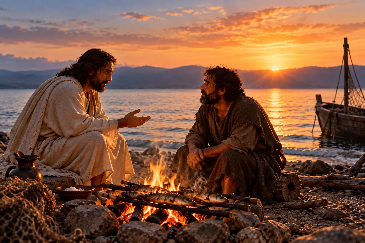 Two people sitting near a fire on a shoreline at dawn, representing the intimate and searching conversation between Jesus and Peter in John 21