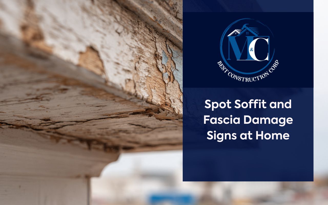 Soffit and fascia damage signs on a roof edge with peeling paint and moisture marks