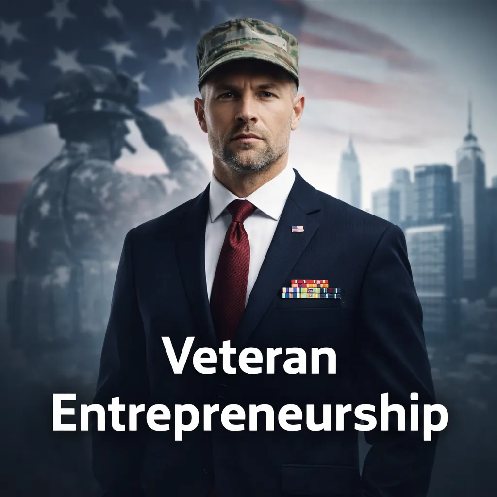 Veteran entrepreneur in business suit representing military leadership transitioning into business ownership
