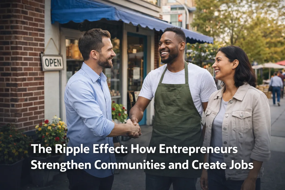 Entrepreneurs shaking hands outside a local business, representing job creation and community growth